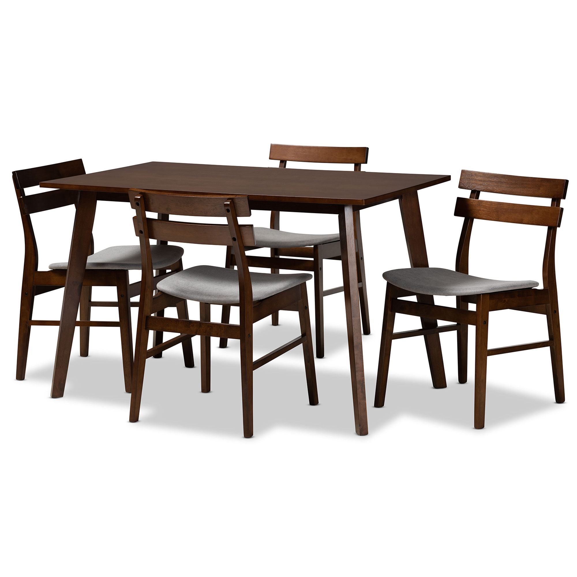 Baxton Studio Eleri Mid-Century Modern Transitional Light Grey Fabric Upholstered and Walnut Brown Finished Wood 5-Piece Dining Set